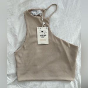 Cream/tan crop top, asymmetrical, sleeveless